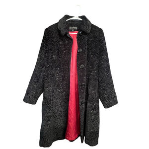 Women's PORTRAIT Black Faux Fur Coat with Red Lining, Size M